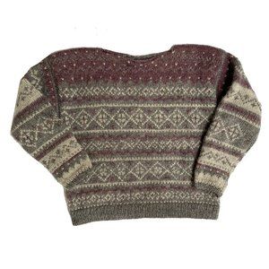 Vintage Gray and Burgundy Knit Womens Sweater Size Small Triangle Pattern Design